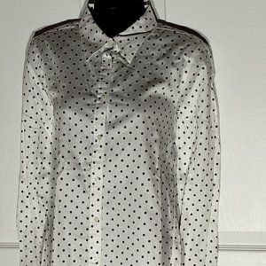 Navy polka dots on white button down shirt